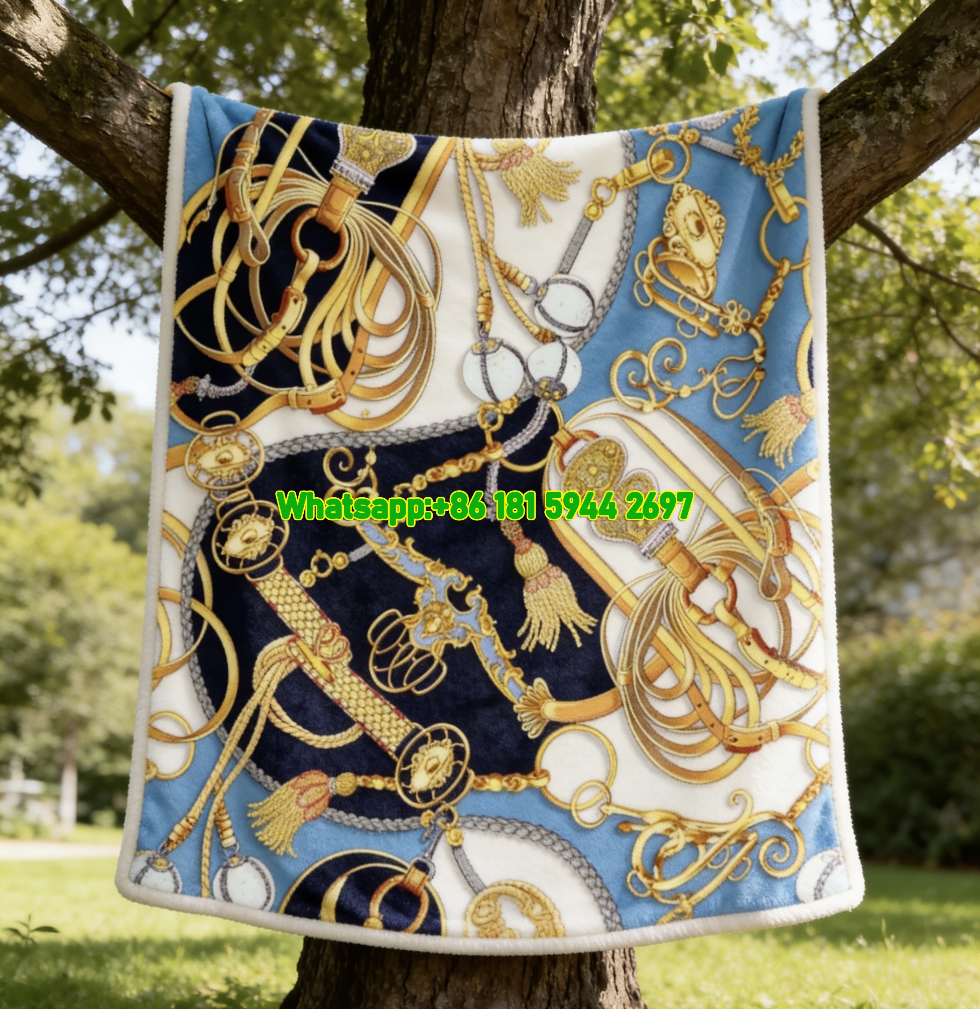 Versace Equestrian Gold Chain and Tassel Print Flannel Throw Blanket in Bright Blue and Navy Blue IMG_1597